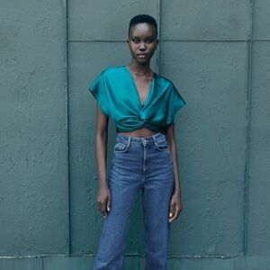 NEW Teal Satin Twist Crop Top